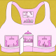Illustration of a woman's sports bra showing the windows, entrance and shelves of a sports bar. Soccer plays on the television.